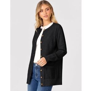 Casual Long Sleeve Crewneck Button Down Open Front Sweater Black